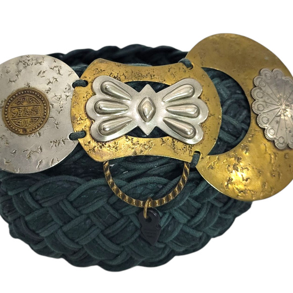 Baer SF Braided Belt Green Waxed Embellished Mixed Metals Discs Artsy Handmade - Picture 1 of 16